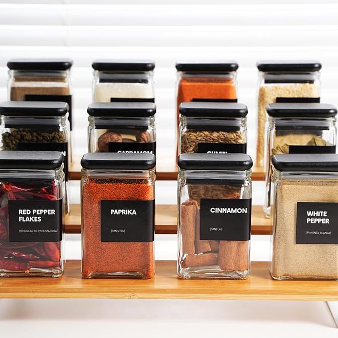 APT 1101 Glass Storage Jars with Bamboo Lid, glass canisters with airtight lids, Clear jars with lids for Spice, Cookie, Candy, Tea, Coffee Bean and Rice (Black, 4oz, set of 12)