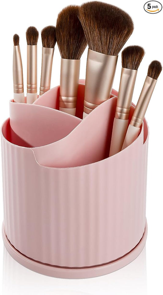 360 Rotating Makeup Brush Holder Organizer 5 Slots Make Up Brushes Cup, Pink