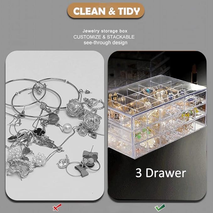 Compartment Storage Box 72 Grids Acrylic Organizer Box with 3 Drawers Storage