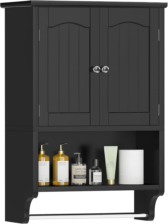 TEENFON Medicine Cabinet with Adjustable Shelves and Towel Rack, Bathroom Wall Mounted Cabinet Over the Toilet Storage for Bathroom, Living Room, 7.09" D x 15.35" W x 22.04" H, Black