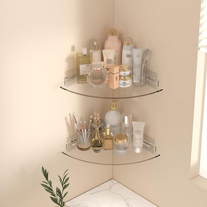 Acrylic Corner Shower Caddy Shelf 2 Pack - Wall Mounted Bathroom Shelves for Glass/Tile/Smooth Walls, Space Saving Storage Organizer for Shower, Kitchen, Bedroom & Toilet Corner