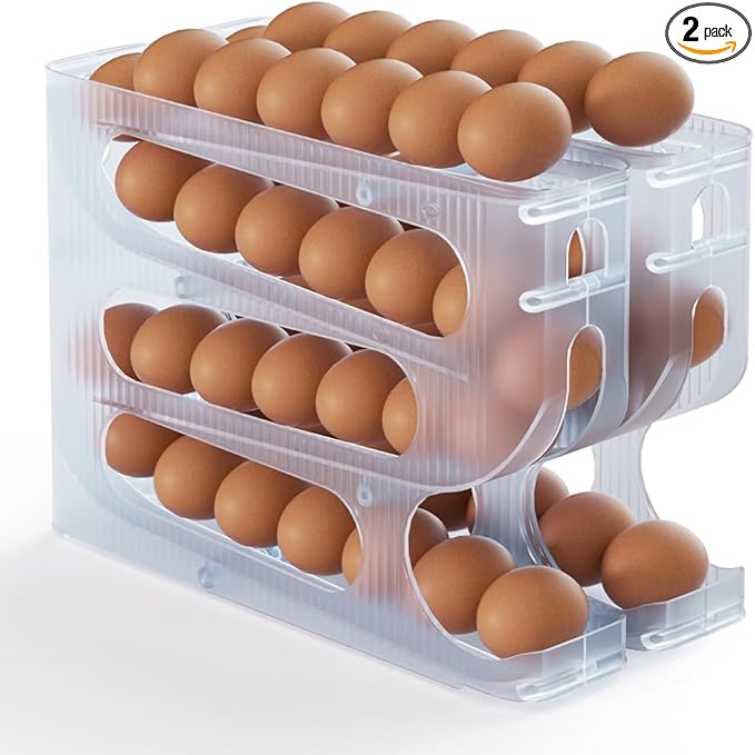 Sotfamily Egg Holder for Fridge, Auto Rolling Egg Dispenser for Refrigerator, Kitchen - Space-saving Egg Roller/Organizer/Storage/Container/Tray - 2 Packs for 56 Large Size Eggs(Frosted Clear)