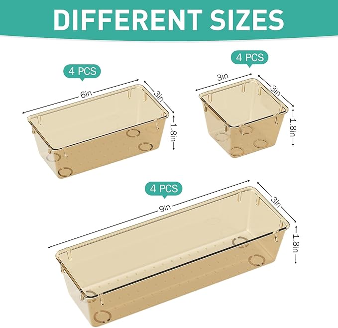 6 Pack Clear Drawer Organizer Set, Acrylic Drawer Storage Trays, Champagne