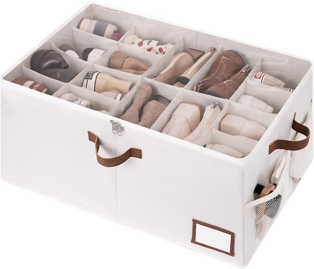 StorageWorks Shoe Organizer for Closet, Shoe Storage with Side Mesh Pocket, Shoe Cubby with Clear Cover, Storage Shoe Containers for Sneakers and Sandals, Fits up to 20 Pairs, Beige