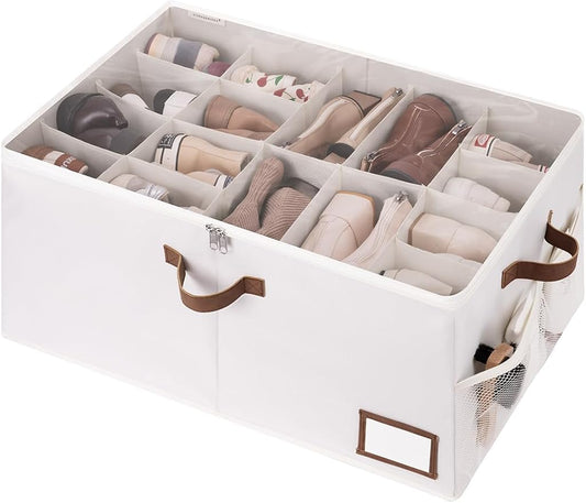 StorageWorks Shoe Organizer for Closet, Shoe Storage with Side Mesh Pocket, Shoe Cubby with Clear Cover, Storage Shoe Containers for Sneakers and Sandals, Fits up to 20 Pairs, Beige