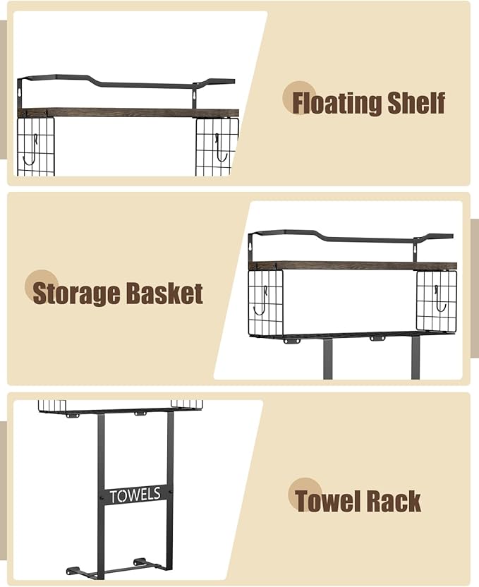 Rustic Brown Wood Vertical Towel Rack, Bath Wall Holder Set Above Toilet Storage