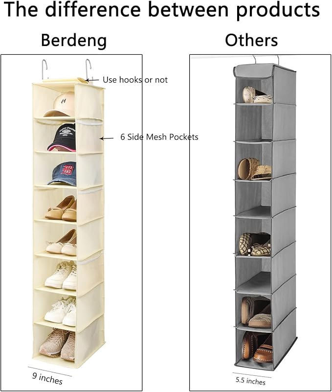 Berdeng Hanging Shoe Organizer for Closet with Side Mesh Pockets，Hat Racks for Baseball Caps，Shoe and Hat Holder & Storage，8-Shelf，Beige，1 Pack
