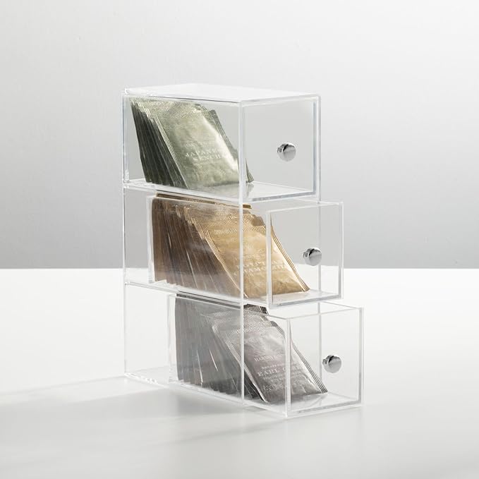 mDesign Plastic Kitchen Pantry Stackable Storage Organizer Container Station with 3 Drawers for Cabinet, Countertop, Holds Coffee, Tea, Sugar Packets, Creamers - Lumiere Collection - Clear