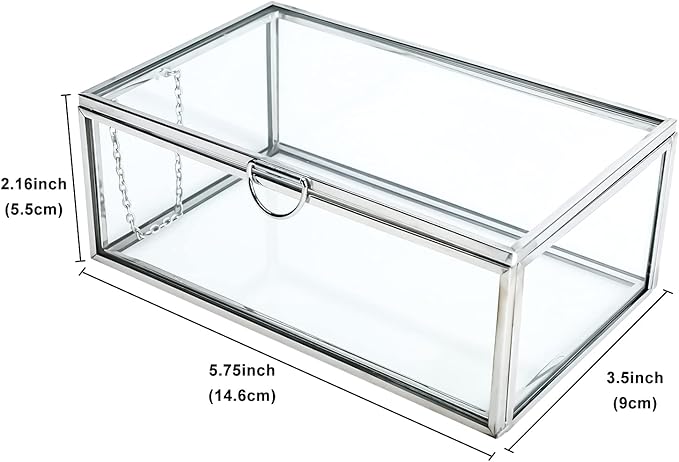 HighFree Vintage Glass Box with Lid - Clear Jewelry Glass Display Box Keepsake Box - Home Decor Decorative Box for Trinket Rings Bracelet (Silver, X-Small)