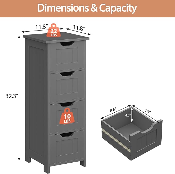 Bathroom Floor Storage Cabinet, Freestanding Wooden Side Organizer w/4 Drawers & Anti-Tip Kit for Bathroom Living Room Hallway Office Study, Grey