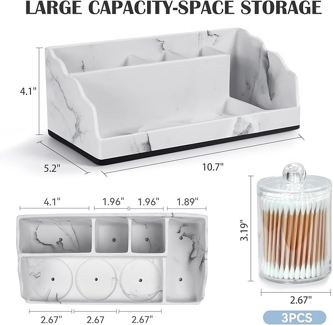 TuCao Bathroom Counter Organizer with 3PCS Qtip Holder, Marble Toothbrush Holders for Bathrooms, Bathroom Organizers and Storage with Drain Holes, Electric Toothbrush Holder, Vanity Organizer