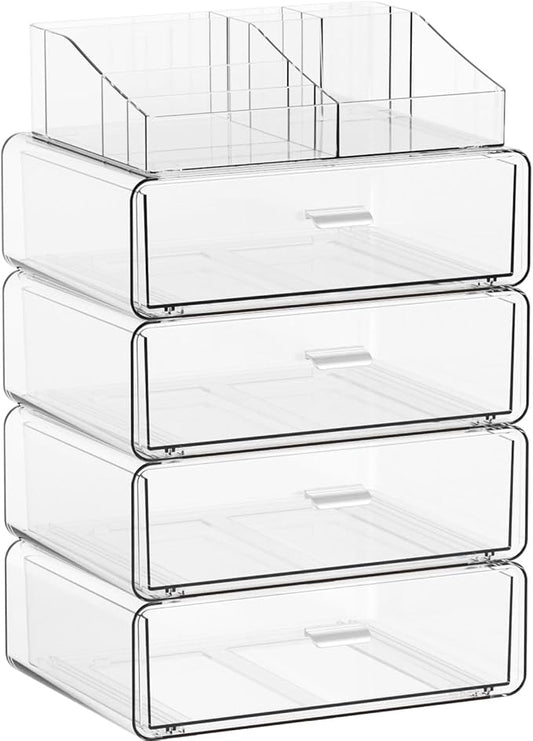 Yieach 5 Tier Clear Acrylic Makeup Organizers with Drawers,Tiered Countertop Make up Storage Organizer for Dresser Top and Bathroom Vanity,Plastic Makeup Stand for Brush,Skincare,Beauty Organizers