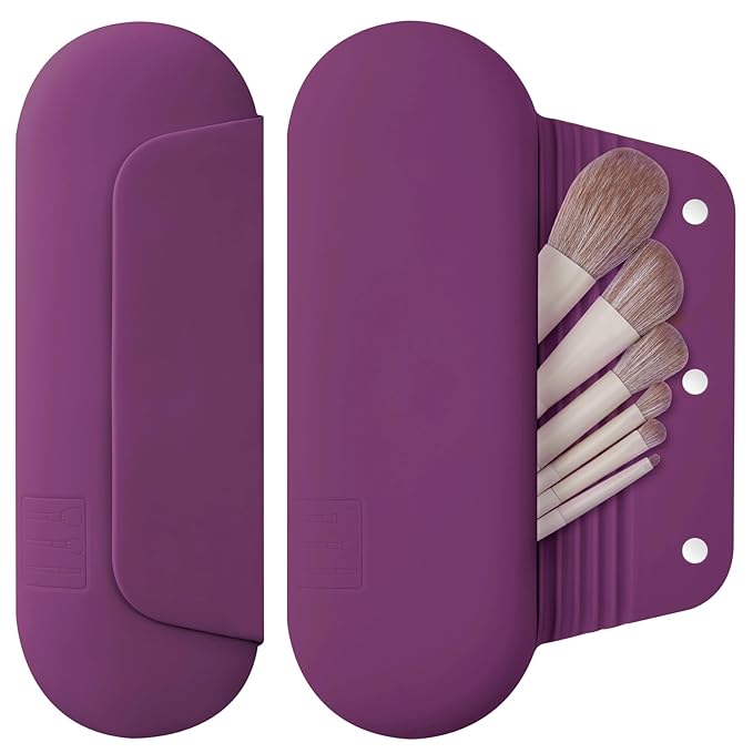 AGIKET Silicone Makeup Brush Holder Travel Cosmetic Bag：Soft Portable Cosmetic Face Brushes Holder with Upgrade Anti-Fall Out Magnetic Closure, Large Travel Makeup Brush Case - Dark Pruple