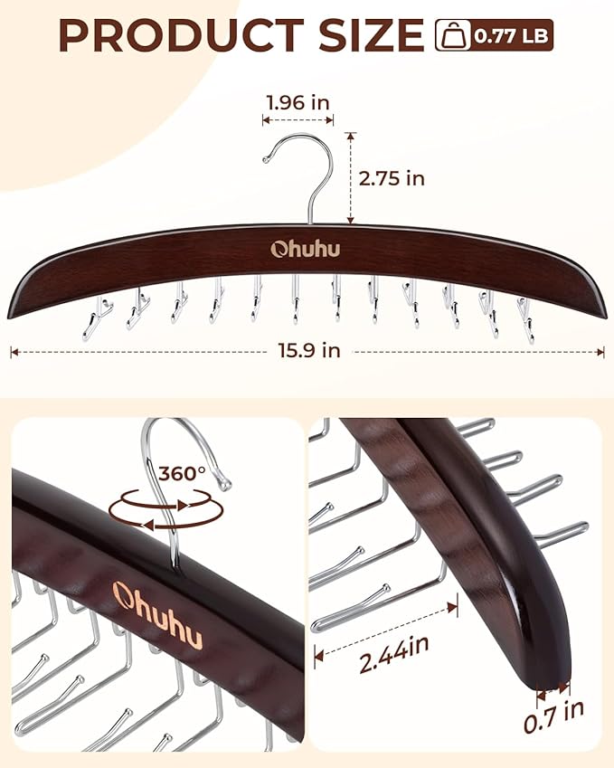 Tie Rack Hanger for Closet: Ohuhu 24 Folding Hooks Tie Hangers for Men Wooden Tie Holder Organizer Space Saving Necktie Storage 360 Degree Rotating Ties Belts Scarves Tank Tops Accessories-Walnut