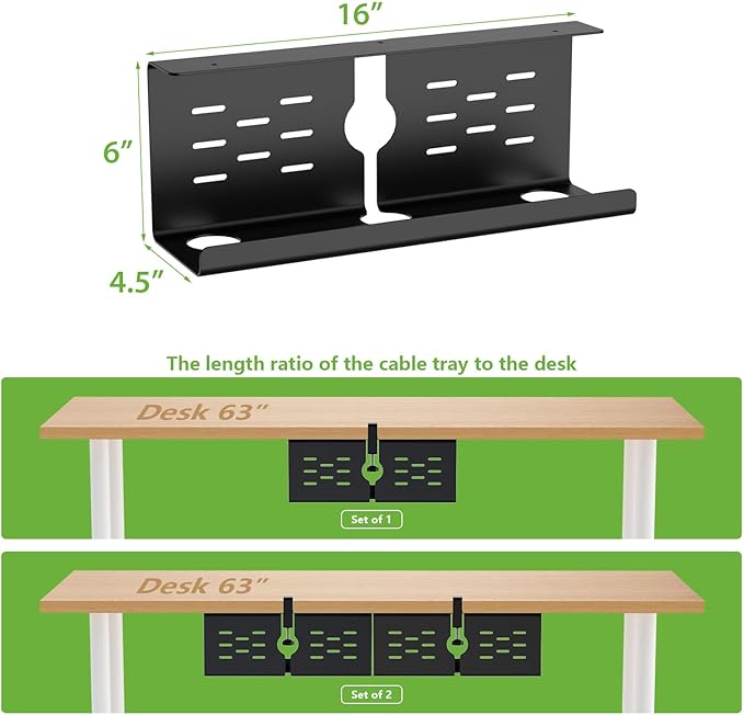 KEEGH 16" Under Desk Cable Management Tray, No Drill Clamp Mount, Desk Cord Organizer Upgrade Capacity, Cord Management Tray for Home Office, Gaming Desk, Standing Desk, Black, 2 Pack