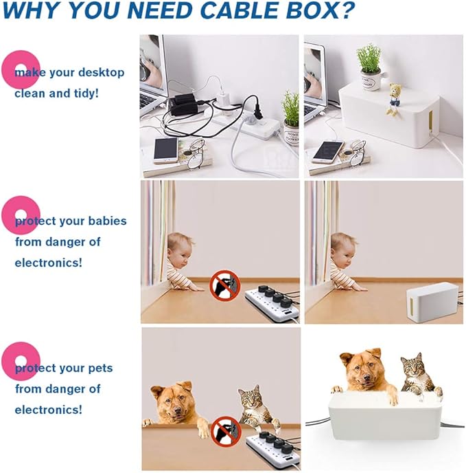 Cable Management Box, 2 Set Cable Organizer for Cable and Cord Management, White