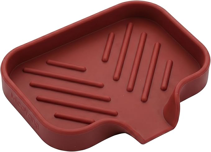 MicoYang Silicone Soap Dish with Drain Spout — Self-Draining Sink Organizer Tray for Bathroom & Kitchen, Holds Bar Soap, Sponges & Dispensers, Non-Slip & Dishwasher Safe, Red (Small, 4.9"×3.2")