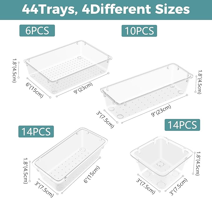 44 PCS Clear Plastic Drawer Organizer Set