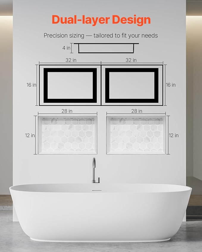 Shower Niche, 16 x 32 inch + 16 x 32 inch Recessed Wall Niche with Movable Shelf