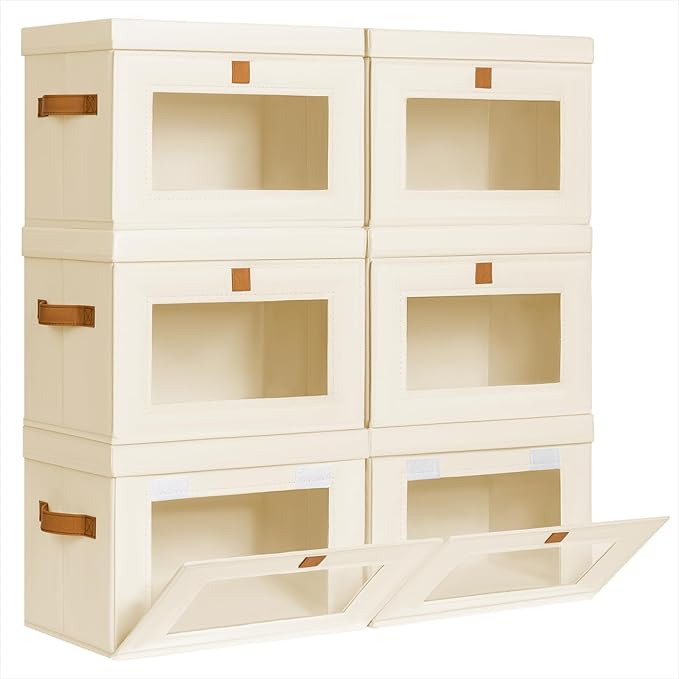 Homsorout Small Fabric Storage bins - Collapsible Storage Bins with Open Window, 6 Pack Closet Baskets for Shelves, Stackable Decorative Boxes for Home, Dorm, Beige, 13.7"x 9.8" x 9.8"