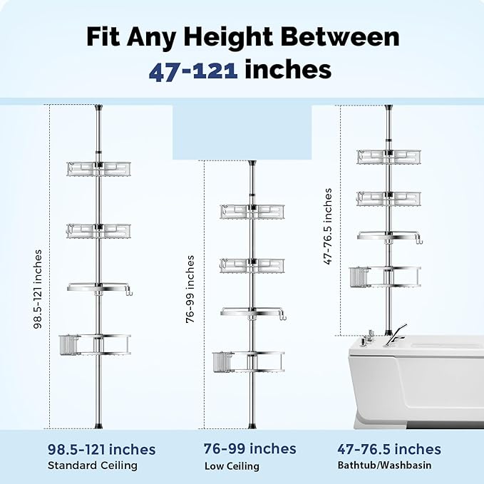 HAMITOR Corner Shower Caddy Tension Pole: Quick Installation 4-Tier Rustproof Bathroom Organizer Shelves for Bathtub Shampoo Storage - 47-121 inch Adjustable Floor Standing Bath Rack Holder - Silver