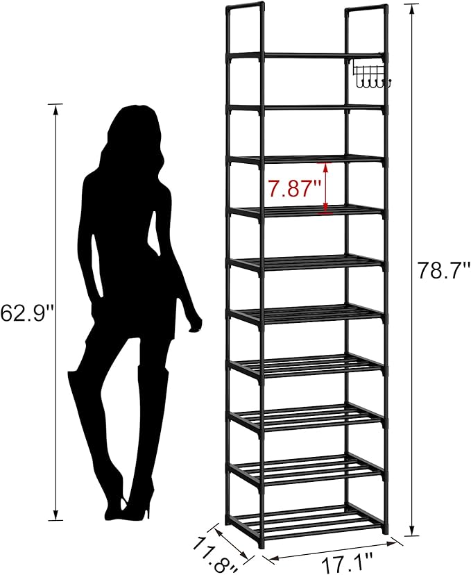 Narrow Shoe Rack 10 Tiers Tall Shoe Rack for Entryway Closet 20 24 Pairs Shoe & Boots Organizer Storage Shelf Durable Black Metal Stackable Shoe Cabinet with Hooks, 17.1D x 11.8W x 78.7H in