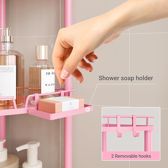 ELYKEN Corner Shower Caddy Standing, 3 Tier Rustproof Metal Shower Organizer with Soap Holder, Floor Shower Corner Shelf Rack Storage Stands with Adjustable Feet & 2 Hooks for Bathroom, Pink