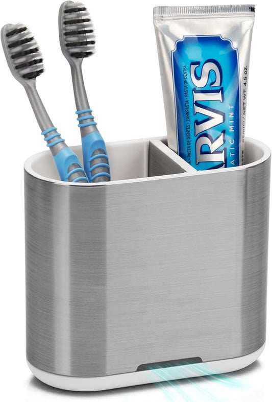 Toothbrush and Toothpaste Holder with Divider for Bathroom Countertop Organizer, 2 Slots Electric Toothbrush Holders Storage Caddy Drainage for Family, Kids (Brushed Silver)