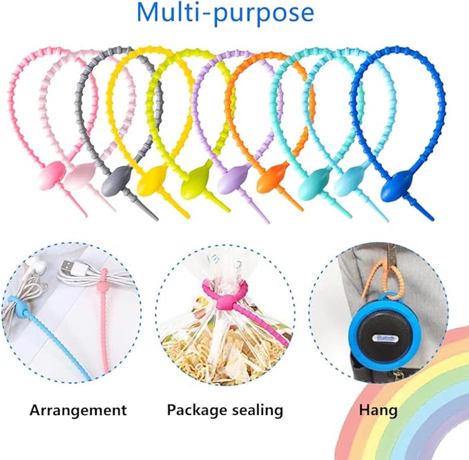 BIGEBO 20 PCS Colorful Silicone Cable Ties, Reusable Rubber Twist Tie Bag Clip Bread Tie Zip Ties Adjustable Cable Cord Wraps Management Organizer