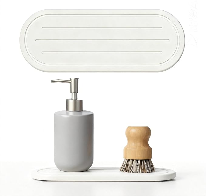 Razborci 2PCS Water Absorbing Stone Drying Tray Mat for Bathroom Sink & Kitchen Counter Faucet Organizer Decor, Quick Dry Dish Soap Dispenser Sponge Holder, Vanity Sink Caddy Coaster,White -10"*3.8"