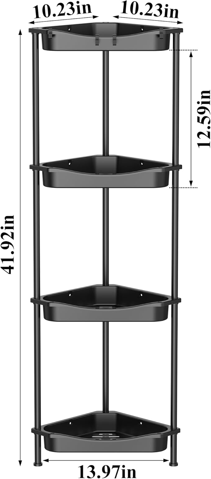 4 Tier Floor Standing Corner Shower Caddy Organizer Shelf with Hooks, Jet Black