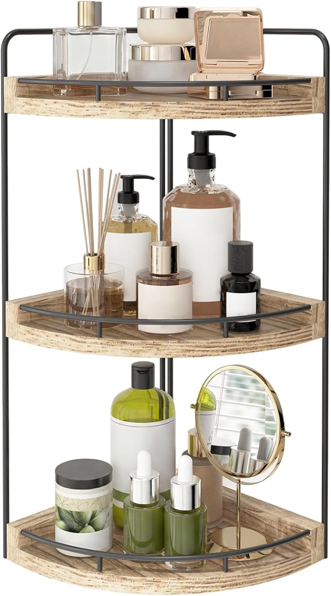 Fixwal Bathroom Counter Organizer, 3 Tier Rustic Bathroom Shelves Corner Organizer, Wood Countertop Storage Tray for Vanity, Kitchen, Bedroom (Light Brown)
