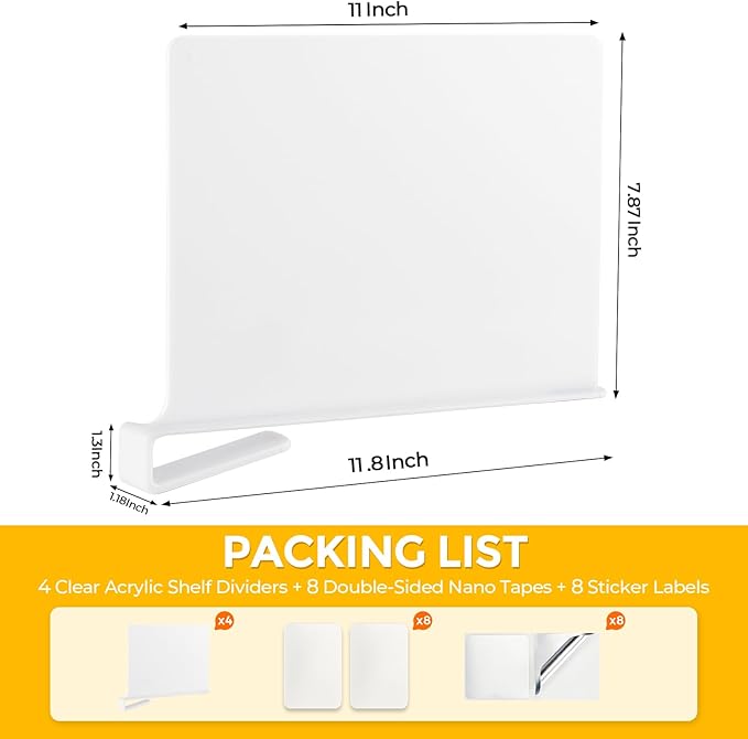 JOY DECOR 8 Pack Acrylic White Shelf Dividers for Closets Organizer and Storage Adjustable Vertical Wood Shelf Closet Separators for Clothes,Book,Bags in Bedroom and Kitchen