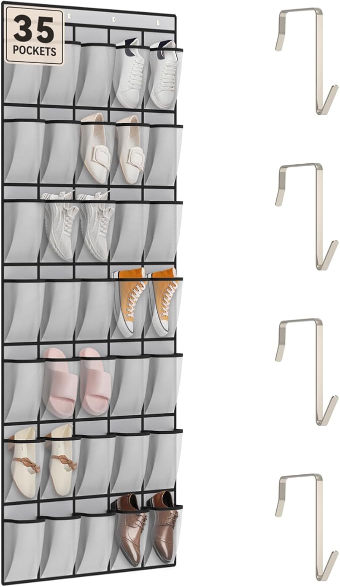 dodowin Over the Door Shoe Organizer Rack, 35 Large Breathable Mesh Pockets, Foldable Hanging Storage Holder for Closet Door, Space Saving Shoe & Accessory Organizer with 4 Metal Hooks, Gray