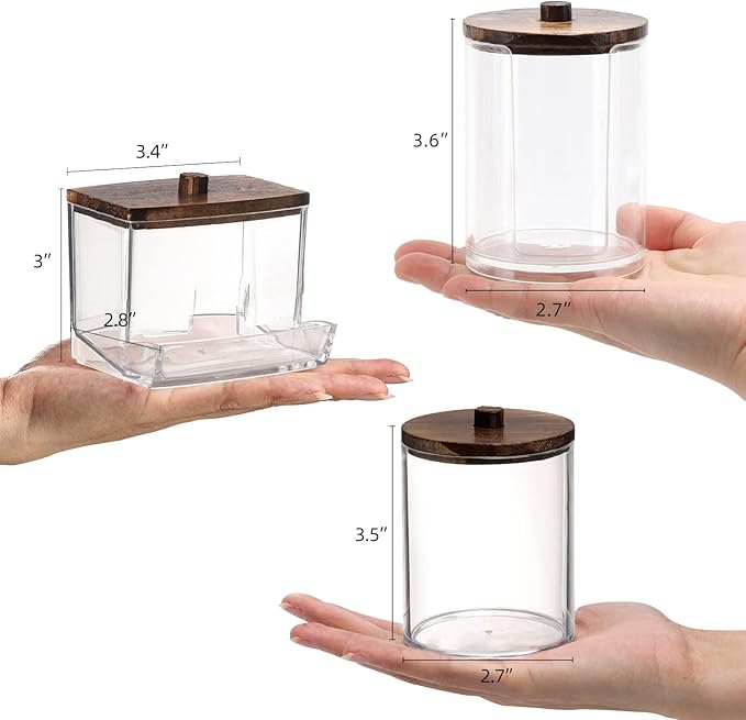 Bathroom Organizer Accessories Set-10 OZ Qtips Holder Storage with Wood Lids