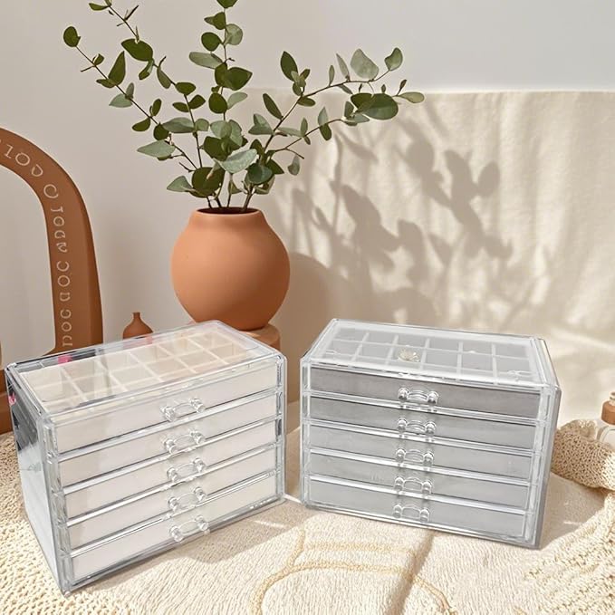Acrylic Earring Holder Organizer with 5 Drawers Clear Earring Organizer Box with 90 Adjustable Grids Velvet Earring Display Case Jewelry Organizer for Earrings Rings Studs (Grey)