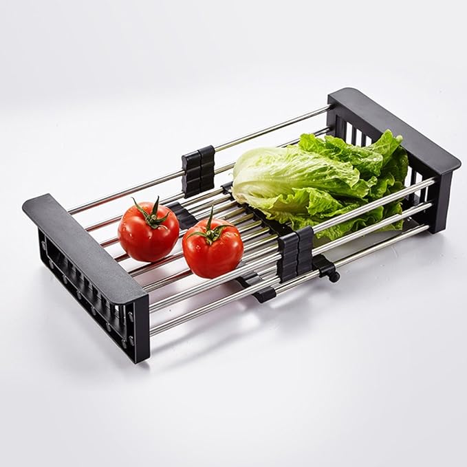 Dish Drying Rack, Over The Sink Dish Drying Rack, Stainless Steel Drainer with Adjustable Arms Holder Functional Kitchen Sink Organizer for Vegetable and Fruit, Black