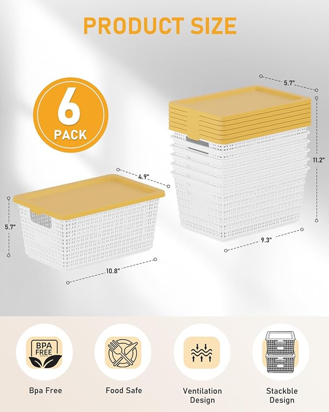 EOENVIVS Storage Bins Bakets with Lids 6 Pack, Stackable Organizer Bins for Small Spaces, Pantry, Closet & Bathroom, Secure Snap Lids, 11x7x5 Plastic Storage Containers for Shelf Organization, White