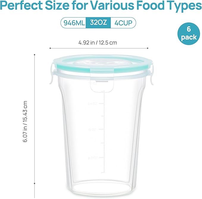 Vtopmart 6 Pack 32oz Freezer Storage Containers, Soup Container with Airtight Lids, Reusable Plastic Meal Prep Container, Deli Containers for Lunch, Salad, Leftover, Oats, Microwave/Dishwasher Safe