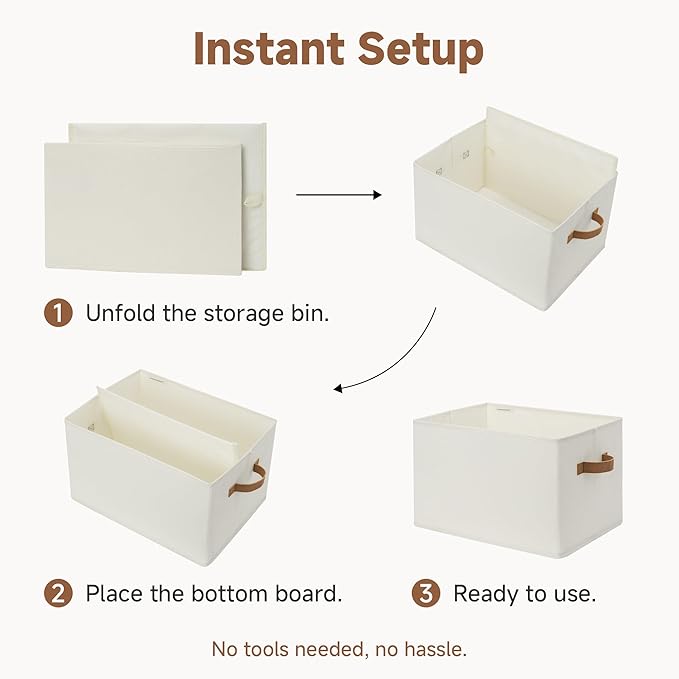 StorageWorks Foldable Storage Bins with PU Handles, Closet Storage Baskets, Fabric Bins for Clothes Storage, Ivory White, 3-Pack, Extra Large