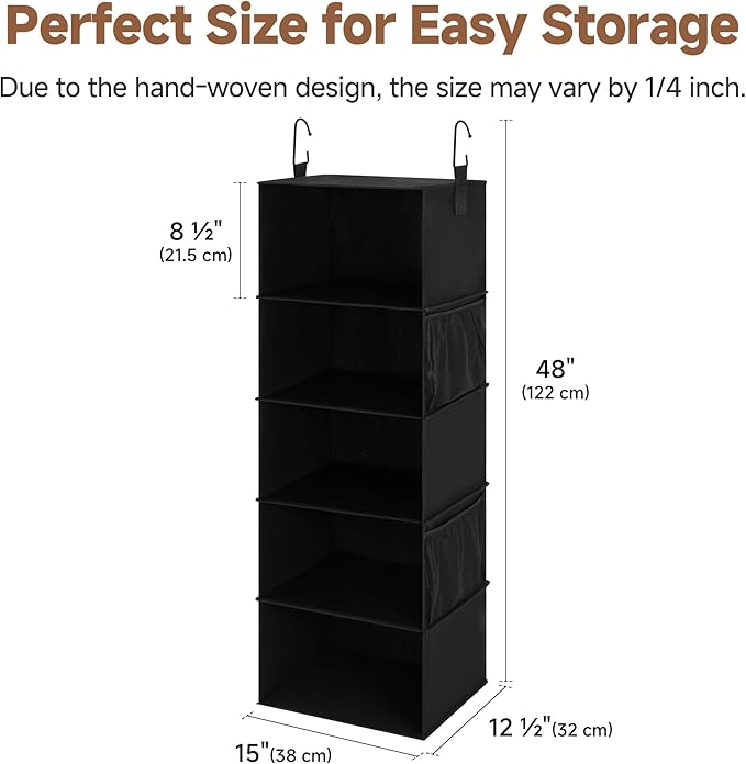 StorageWorks Hanging Closet Organizer, 5-Shelf Hanging Shelves with 2 Hooks, Foldable Space-Saving Design, Closet Organizers and Storage for Bedroom, Dorm, Locker, Black