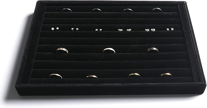 Frebeauty Stackable Velvet Jewelry Organizer Trays for Drawers Inserts Jewelry Storage Tray Display Case Stud Earrings Bracelets Necklace Rings Accessories Trays for Women Girl(Set of 4)(Black).