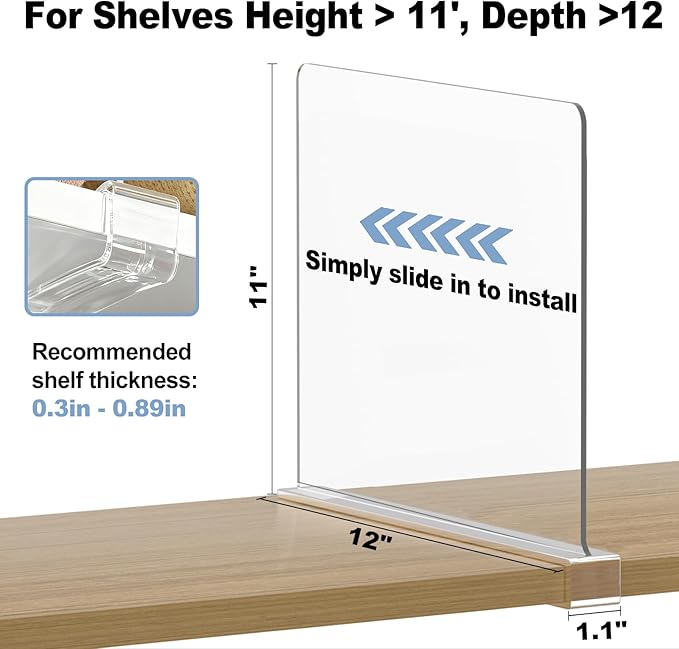 Purse Organizer for Closet Shelf Dividers: 11-inch Tall (Higher Version) Adjustable Clear Acrylic Bag Storage Organizer for Handbags, Sweaters, Towels, Jeans and Shoes on Wood Shelves 8-Pack