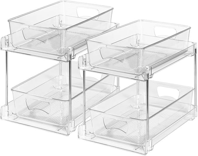 2 Pack Clear Bathroom Organizers and Storage, 2 Tier Pull Out Under Sink Cabinet Organizer Plastic Drawer Organization and Storage for Bathroom and Kitchen
