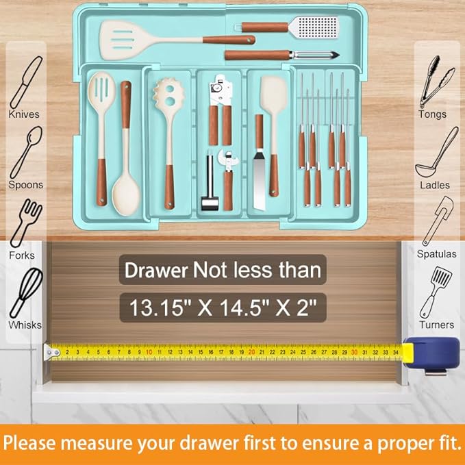 Utensil Drawer Organizer for Kitchen, Turquoise