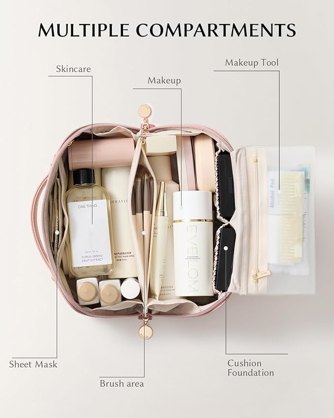 EACHY Travel Makeup Bag, Large Capacity Cosmetic Bag for Women, Waterproof PU Leather, Flat Open Portable Toiletry Bag for Skincare, Brushes & Travel Essentials