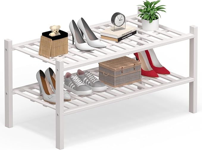 Haddockway Large 2 Tier Bamboo Shoe Rack Storage Organizer, Multifunctional Free Standing Stackable Shoe Shelf with Grid Panel for Closet,Hallway,Entryway,Small Space 27"x12"x14"