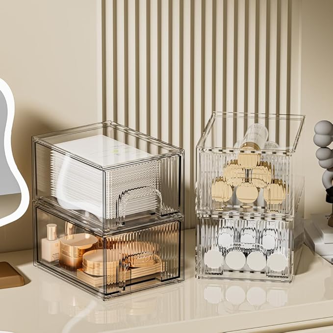 4 Pack Clear Stackable Storage Drawer, Acrylic Drawer, Cosmetic Organizer