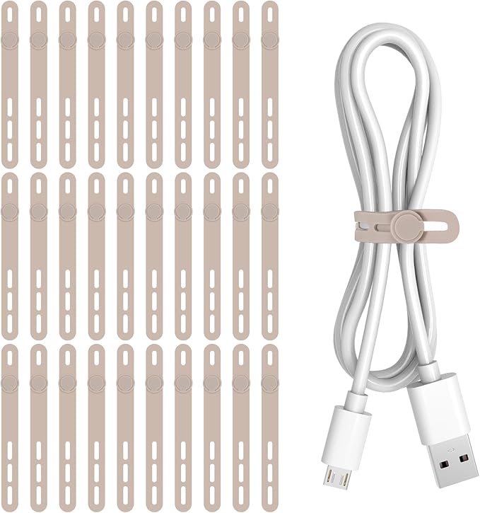 Donruby 30Pcs Silicone Cable Ties - Reusable & Washable with Adjustable Locking Buckles, High Elasticity Cable Management Straps for Home, Office, School, Travel Essential Cord Organizer (Khaki)