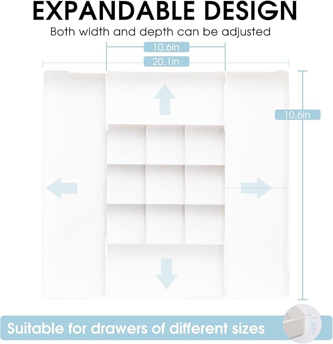 Expandable Drawer Organizer, Width (10.6"-20.1") Depth (11"-20.1"), Plastic Makeup Drawer Organizer with 6 Removable Dividers, Silverware Organizer, Great for kitchen and Bathroom Drawers